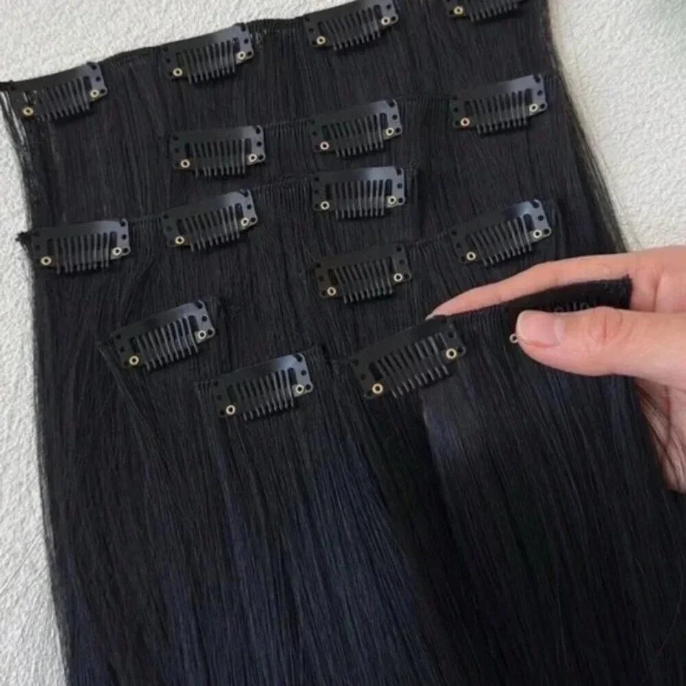 human hair blend 22 Inch Clip in Long Black Thick straight Hair Extensions